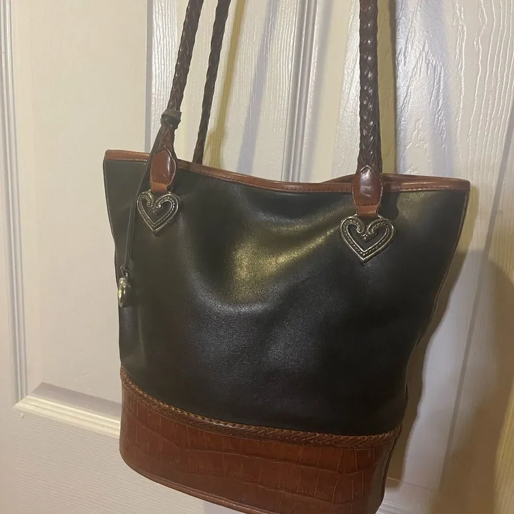 Brighton leather Black and Brown crocs print bucket style shoulder bag .